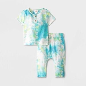 Baby Gauze Tie-Dye Henley Top & Bottom Set - Cat & Jack™ Mint Green 0/3M NWT